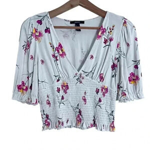 ❤️ 3/$15 Forever 21 White Pink Floral Puff Sleeve Crop Top Peasant Blouse Size L